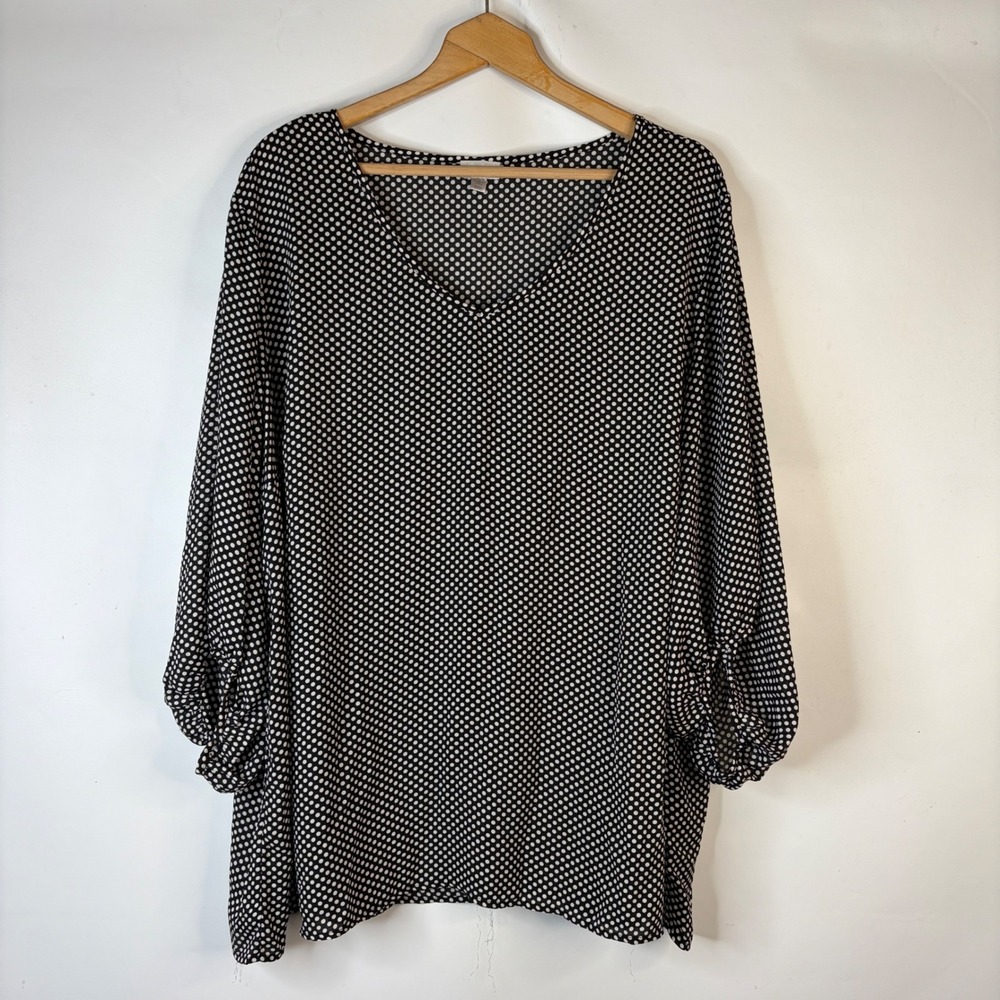 Avenue Blouse Women 22/24 Black Polka Dot V-Neck Bubble Sleeve Top